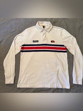 Ellesse White Rugby L/S Polo with Red & Navy Stripe and Patches Medium Men